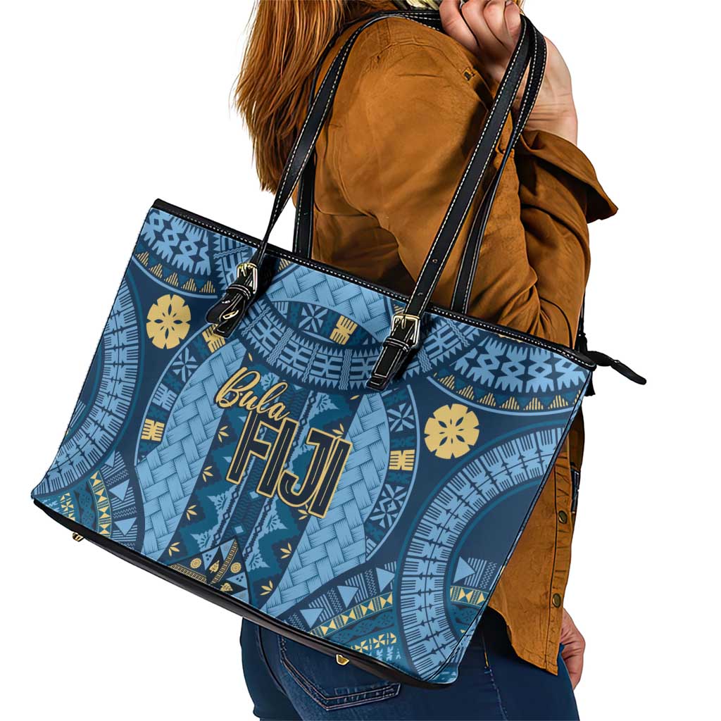 Bula Fiji Vintage Leather Tote Bag Prussian Blue Masi Motifs