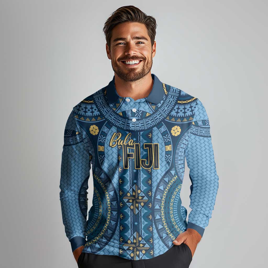 Bula Fiji Vintage Long Sleeve Polo Shirt Prussian Blue Masi Motifs