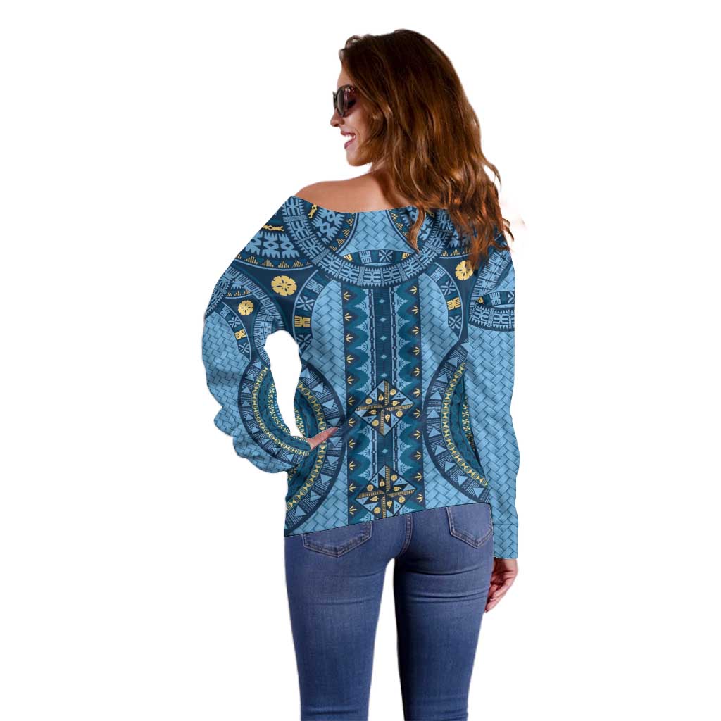 Bula Fiji Vintage Off Shoulder Sweater Prussian Blue Masi Motifs