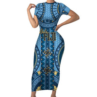 Bula Fiji Vintage Short Sleeve Bodycon Dress Prussian Blue Masi Motifs
