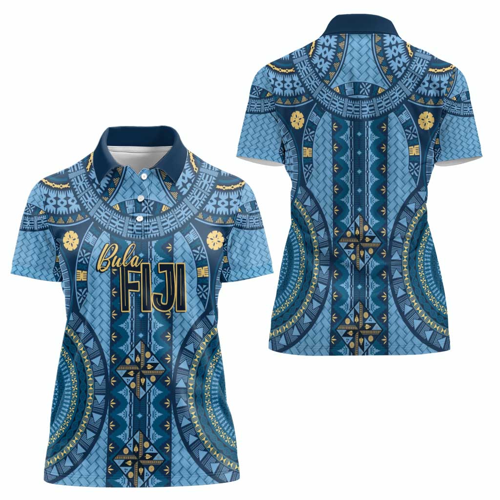 Bula Fiji Vintage Women Polo Shirt Prussian Blue Masi Motifs