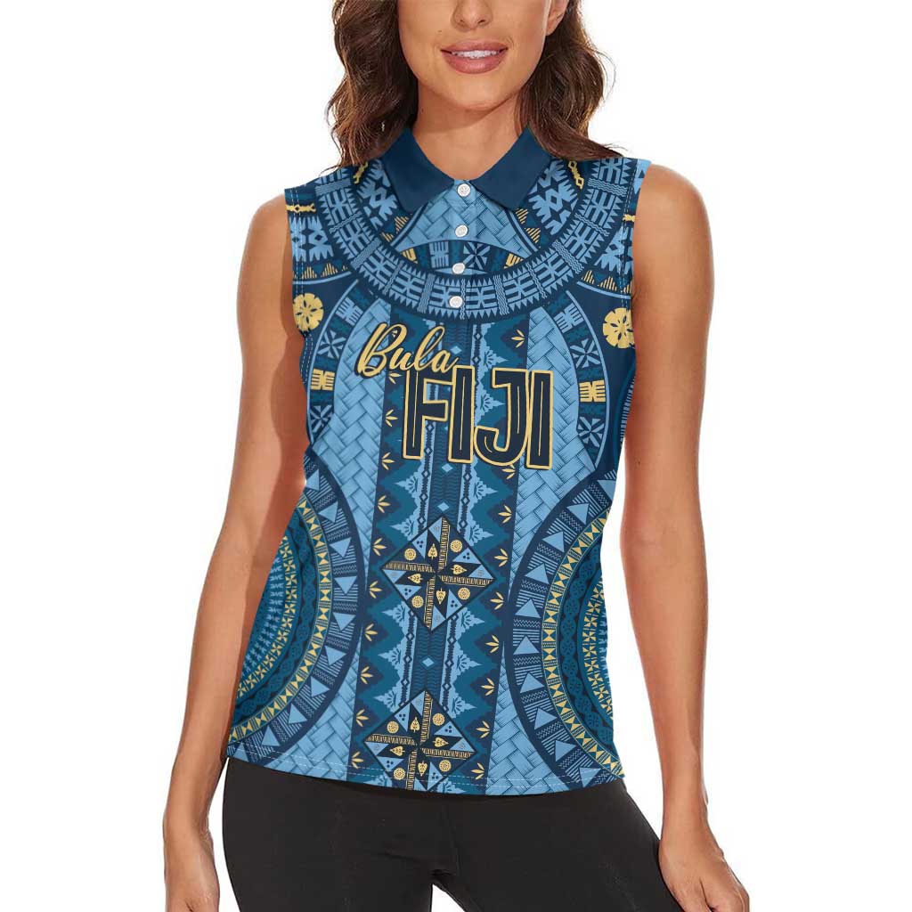 Bula Fiji Vintage Women Sleeveless Polo Shirt Prussian Blue Masi Motifs