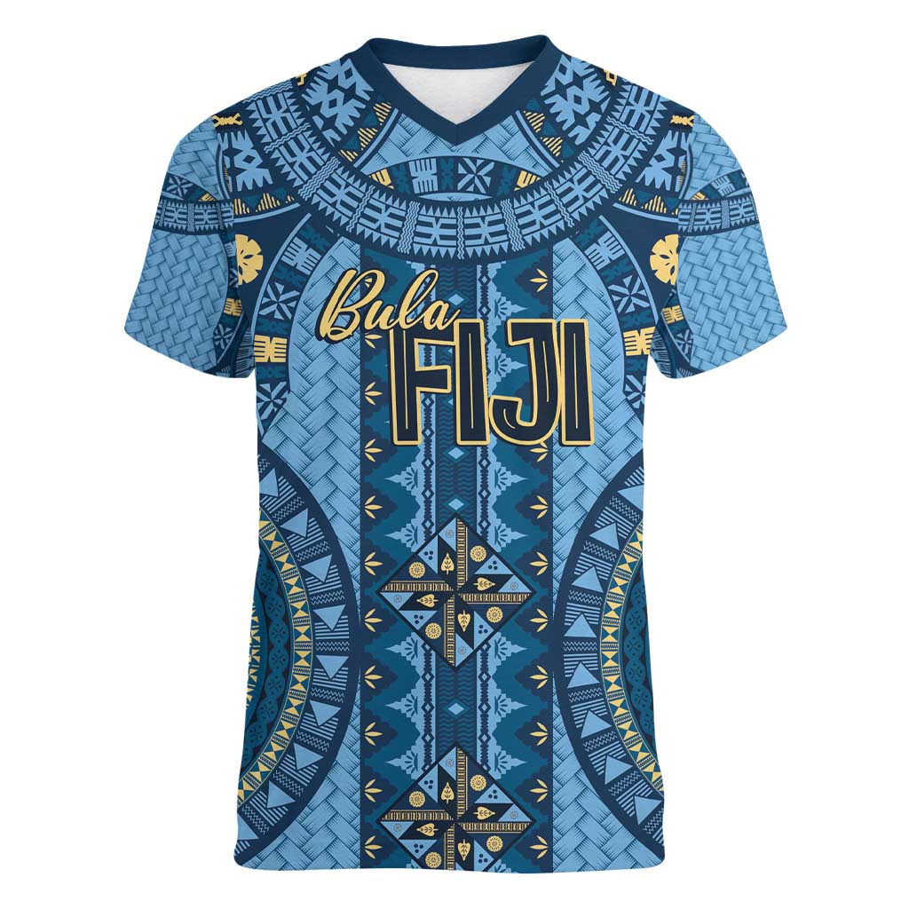 Bula Fiji Vintage Women V-Neck T-Shirt Prussian Blue Masi Motifs