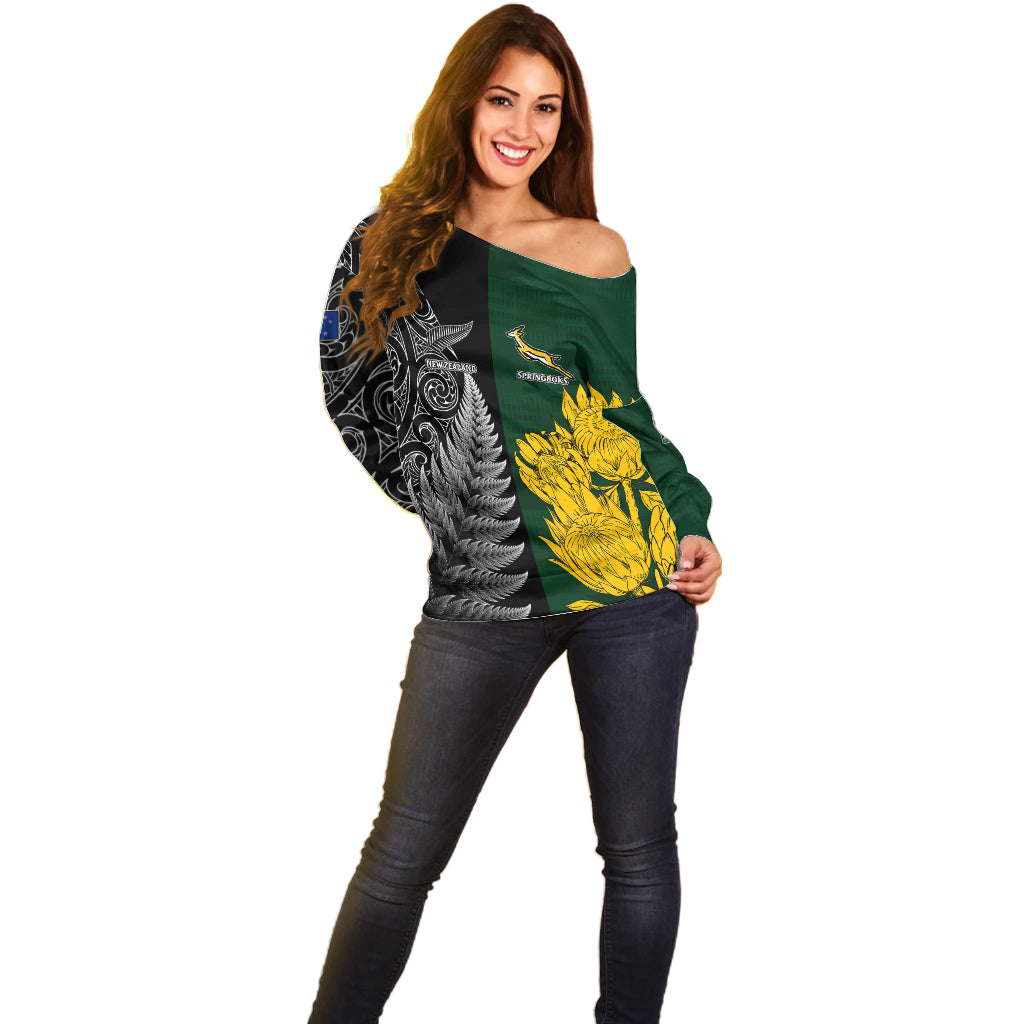 Personalised New Zealand Mix South Africa Rugby Off Shoulder Sweater Protea Vs. Silver Ferns LT7 - Polynesian Pride