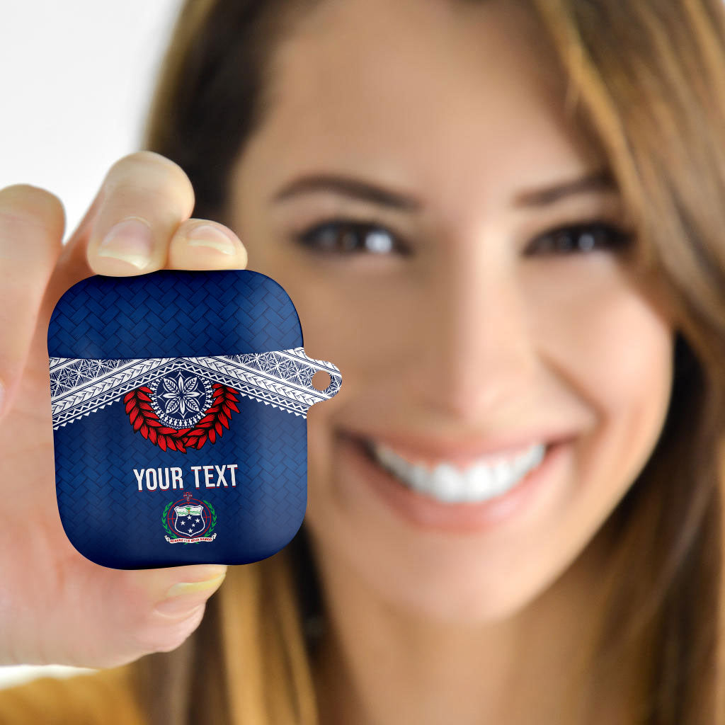 Manu Samoa Rugby Custom Navy Blue AirPods Case ʻIe Toga Pattern With Red Ula fala LT7 - Polynesian Pride