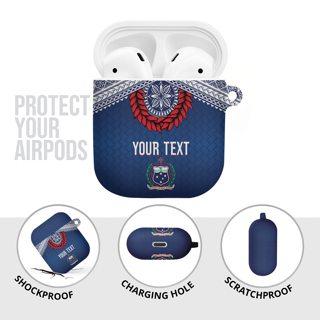Manu Samoa Rugby Custom Navy Blue AirPods Case ʻIe Toga Pattern With Red Ula fala LT7 - Polynesian Pride