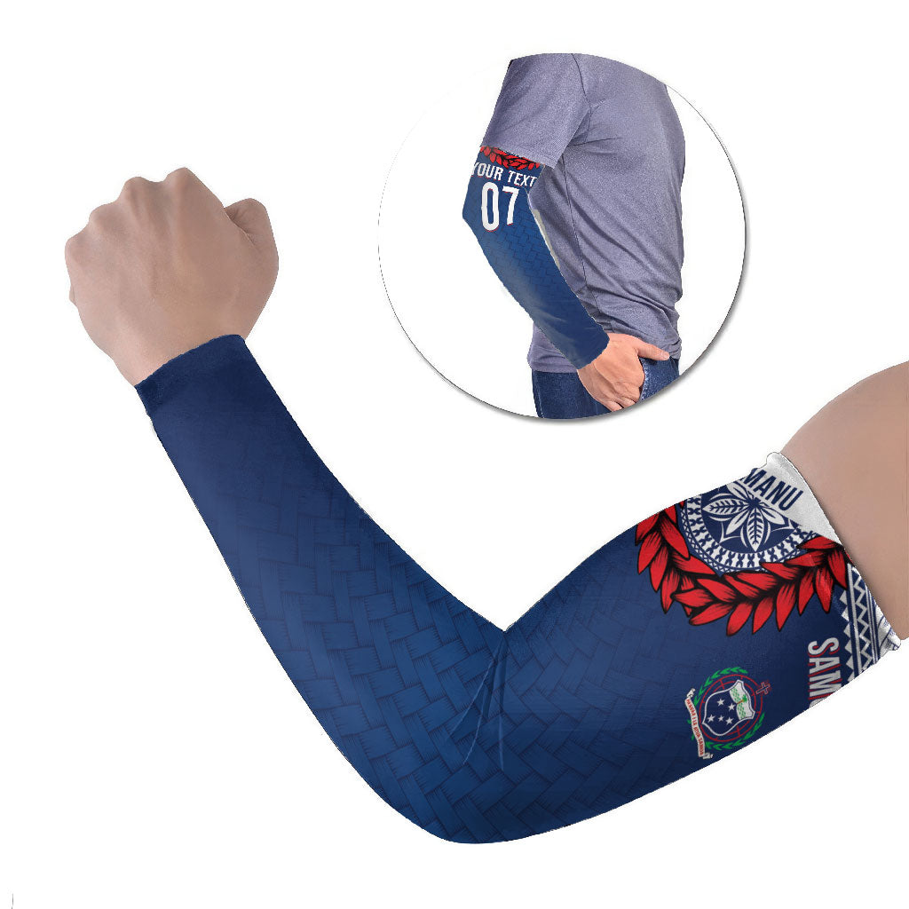 Manu Samoa Rugby Custom Navy Blue Arm Sleeves ʻIe Toga Pattern With Red Ula fala LT7 Set of 2 Navy Blue - Polynesian Pride