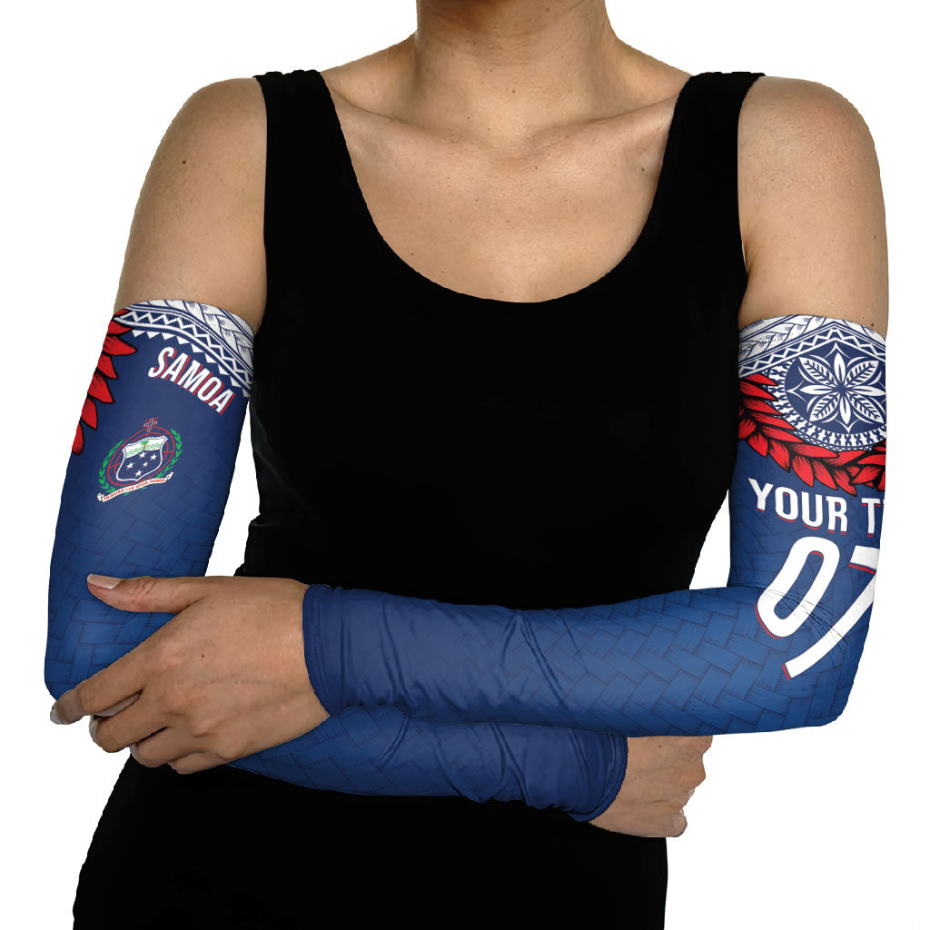 Manu Samoa Rugby Custom Navy Blue Arm Sleeves ʻIe Toga Pattern With Red Ula fala LT7 - Polynesian Pride
