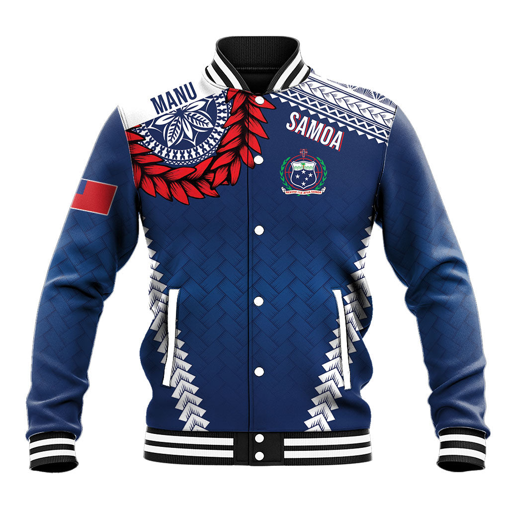 Manu Samoa Rugby Custom Navy Blue Baseball Jacket ʻIe Toga Pattern With Red Ula fala LT7 Unisex Navy Blue - Polynesian Pride