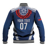 Manu Samoa Rugby Custom Navy Blue Baseball Jacket ʻIe Toga Pattern With Red Ula fala LT7 - Polynesian Pride