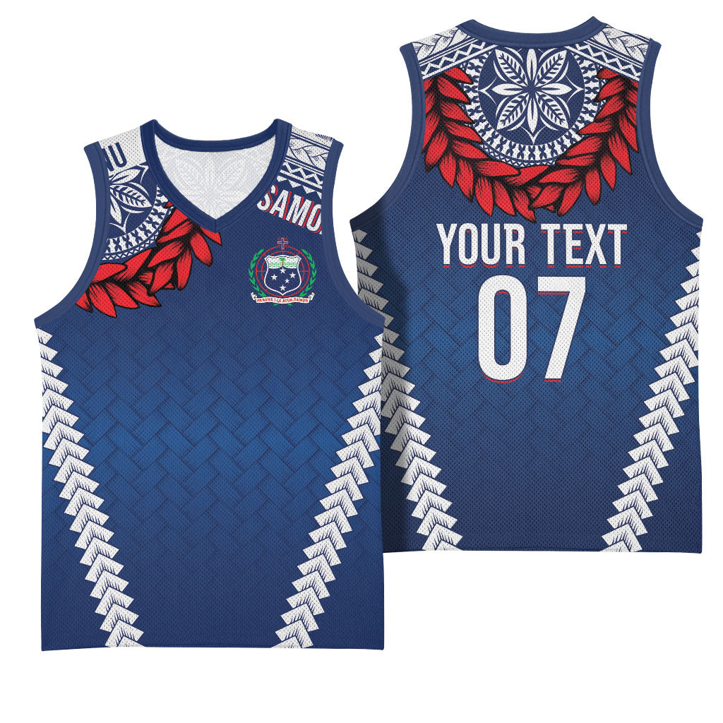 Manu Samoa Rugby Custom Navy Blue Basketball Jersey ʻIe Toga Pattern With Red Ula fala LT7 - Polynesian Pride
