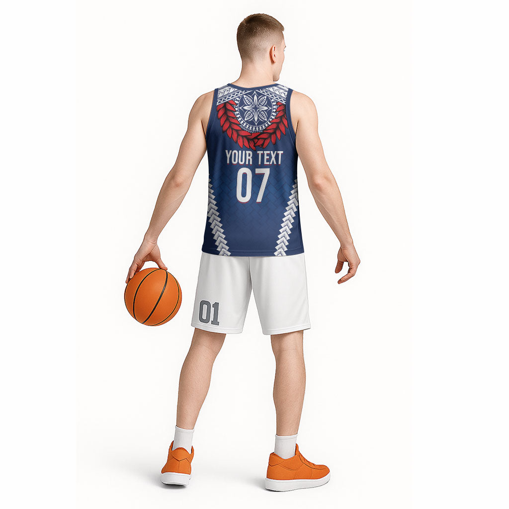 Manu Samoa Rugby Custom Navy Blue Basketball Jersey ʻIe Toga Pattern With Red Ula fala LT7 - Polynesian Pride