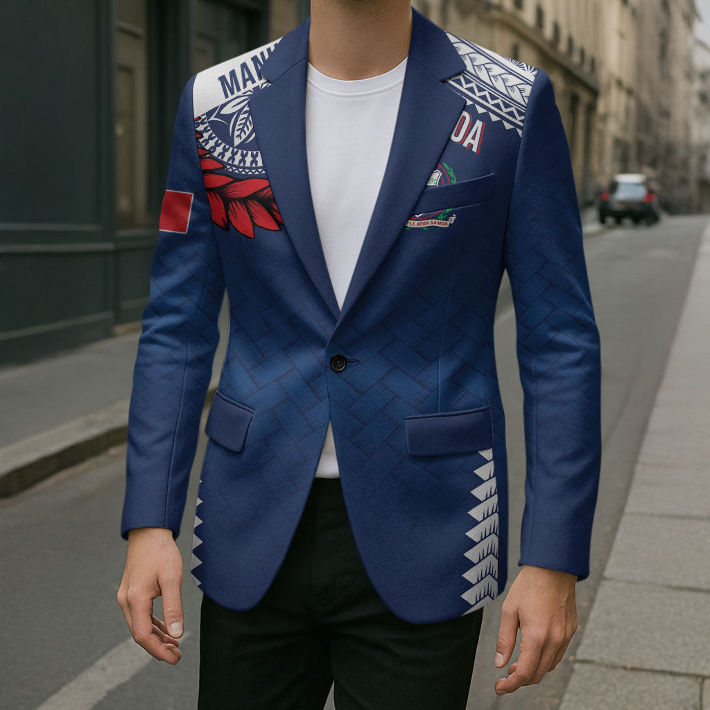 Manu Samoa Rugby Custom Navy Blue Blazer ʻIe Toga Pattern With Red Ula fala LT7 - Polynesian Pride