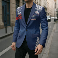 Manu Samoa Rugby Custom Navy Blue Blazer ʻIe Toga Pattern With Red Ula fala LT7 - Polynesian Pride