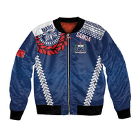 Manu Samoa Rugby Custom Navy Blue Bomber Jacket ʻIe Toga Pattern With Red Ula fala LT7 Unisex Navy Blue - Polynesian Pride
