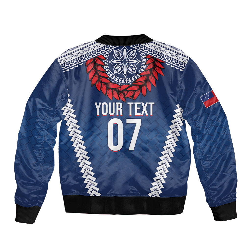 Manu Samoa Rugby Custom Navy Blue Bomber Jacket ʻIe Toga Pattern With Red Ula fala LT7 - Polynesian Pride