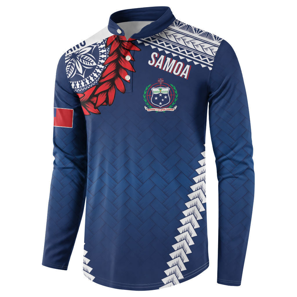 Manu Samoa Rugby Custom Navy Blue Button Sweatshirt ʻIe Toga Pattern With Red Ula fala LT7 - Polynesian Pride
