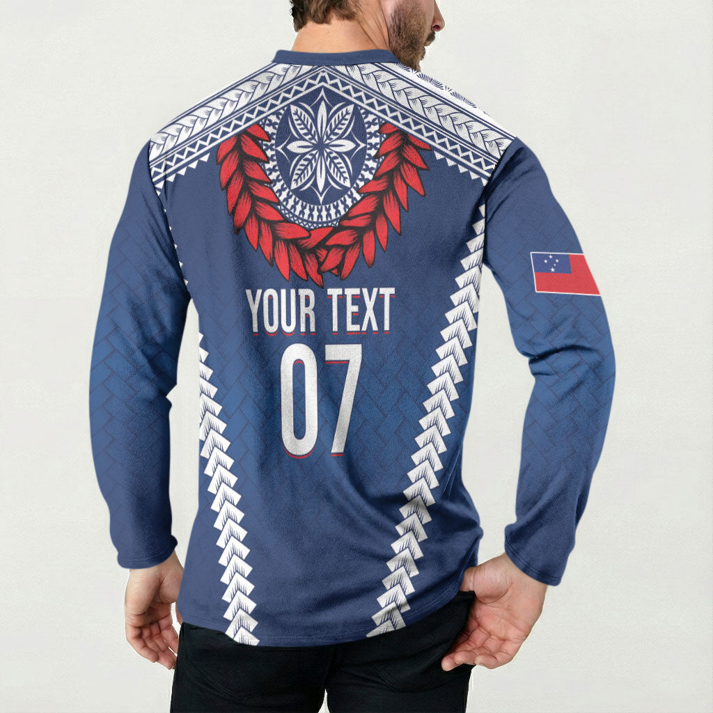 Manu Samoa Rugby Custom Navy Blue Button Sweatshirt ʻIe Toga Pattern With Red Ula fala LT7 - Polynesian Pride