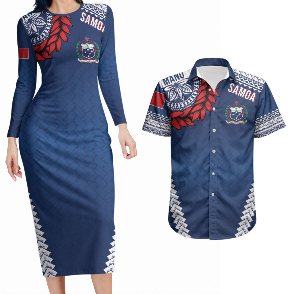 Manu Samoa Rugby Custom Navy Blue Couples Matching Long Sleeve Bodycon Dress and Hawaiian Shirt ʻIe Toga Pattern With Red Ula fala LT7 Navy Blue - Polynesian Pride