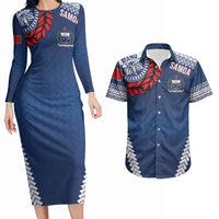 Manu Samoa Rugby Custom Navy Blue Couples Matching Long Sleeve Bodycon Dress and Hawaiian Shirt ʻIe Toga Pattern With Red Ula fala LT7 Navy Blue - Polynesian Pride