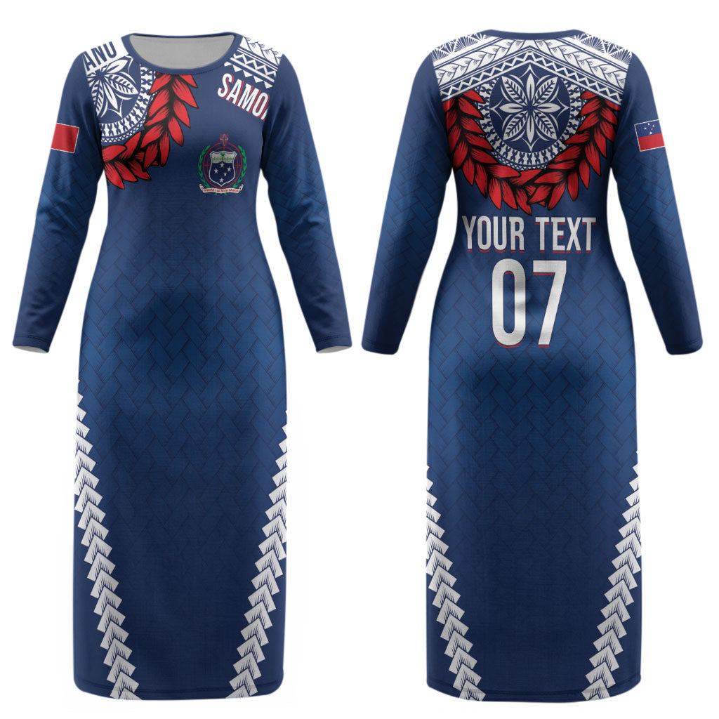 Manu Samoa Rugby Custom Navy Blue Couples Matching Long Sleeve Bodycon Dress and Hawaiian Shirt ʻIe Toga Pattern With Red Ula fala LT7 - Polynesian Pride