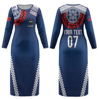 Manu Samoa Rugby Custom Navy Blue Couples Matching Long Sleeve Bodycon Dress and Hawaiian Shirt ʻIe Toga Pattern With Red Ula fala LT7 - Polynesian Pride