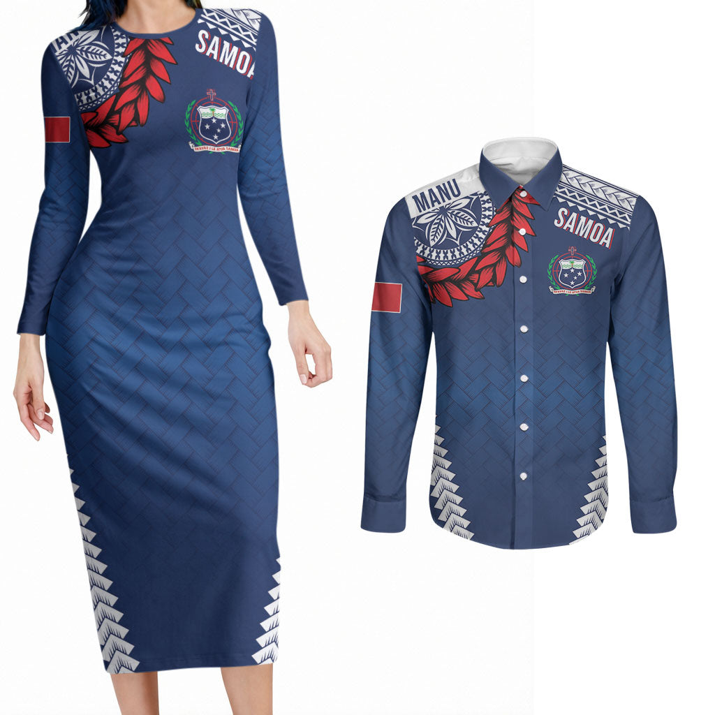 Manu Samoa Rugby Custom Navy Blue Couples Matching Long Sleeve Bodycon Dress and Long Sleeve Button Shirt ʻIe Toga Pattern With Red Ula fala