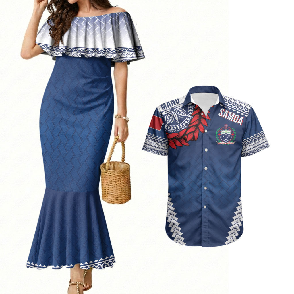 Manu Samoa Rugby Custom Navy Blue Couples Matching Mermaid Dress and Hawaiian Shirt ʻIe Toga Pattern With Red Ula fala