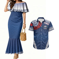 Manu Samoa Rugby Custom Navy Blue Couples Matching Mermaid Dress and Hawaiian Shirt ʻIe Toga Pattern With Red Ula fala LT7 Navy Blue - Polynesian Pride