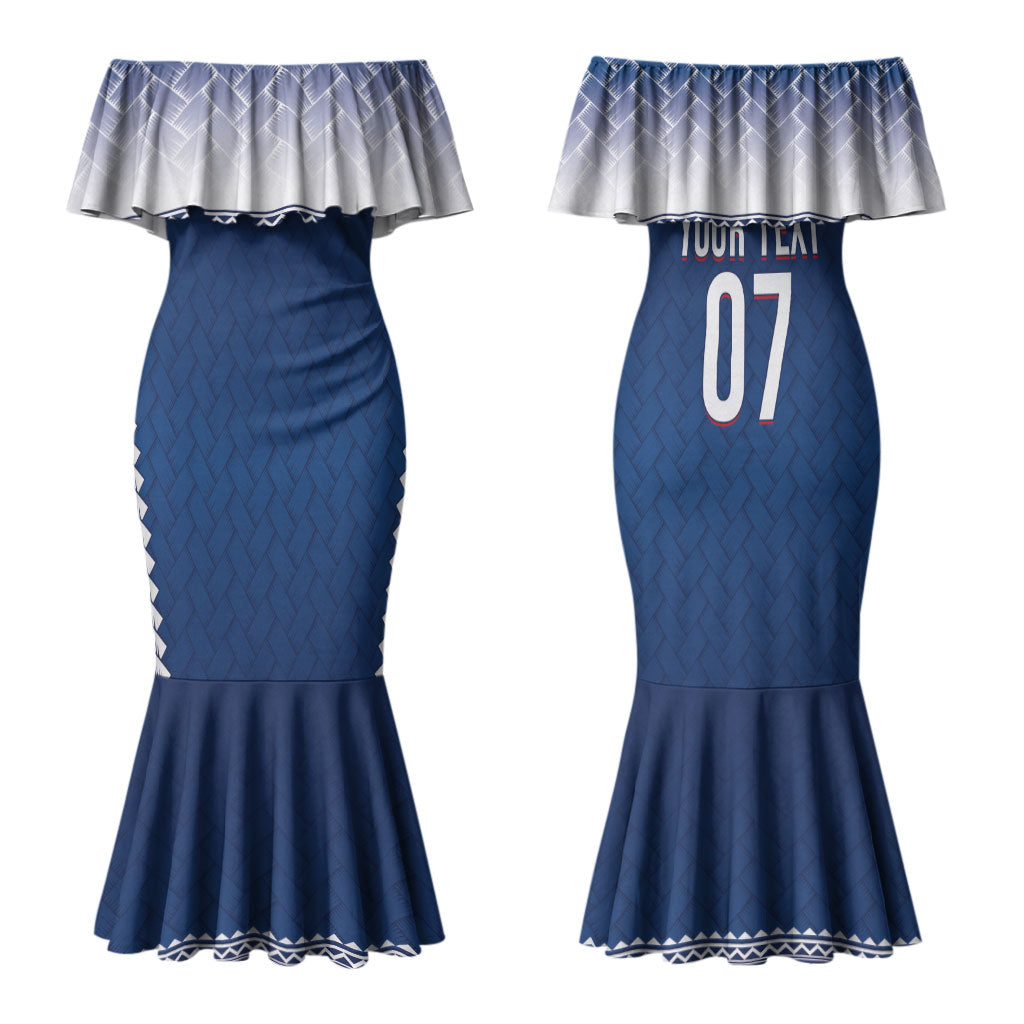 Manu Samoa Rugby Custom Navy Blue Couples Matching Mermaid Dress and Hawaiian Shirt ʻIe Toga Pattern With Red Ula fala LT7 - Polynesian Pride