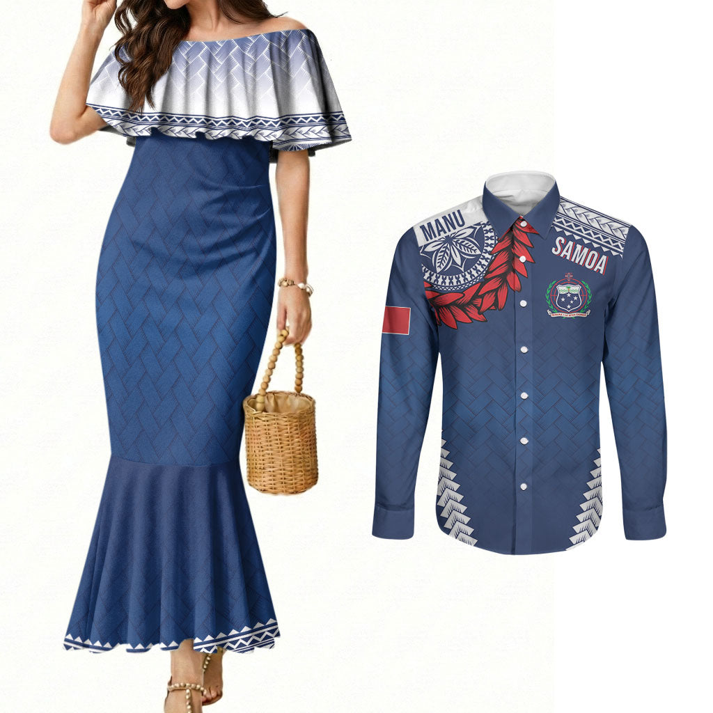 Manu Samoa Rugby Custom Navy Blue Couples Matching Mermaid Dress and Long Sleeve Button Shirt ʻIe Toga Pattern With Red Ula fala LT7 Navy Blue - Polynesian Pride