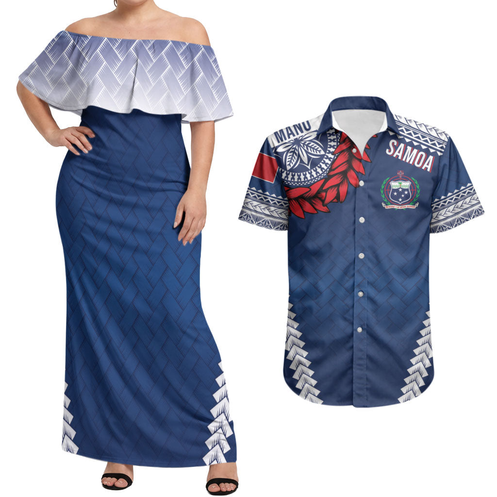Manu Samoa Rugby Custom Navy Blue Couples Matching Off Shoulder Maxi Dress and Hawaiian Shirt ʻIe Toga Pattern With Red Ula fala LT7 Navy Blue - Polynesian Pride