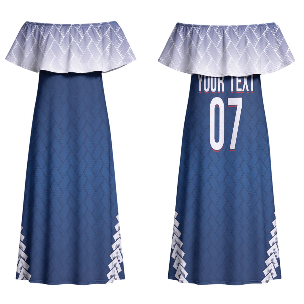 Manu Samoa Rugby Custom Navy Blue Couples Matching Off Shoulder Maxi Dress and Hawaiian Shirt ʻIe Toga Pattern With Red Ula fala LT7 - Polynesian Pride