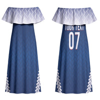 Manu Samoa Rugby Custom Navy Blue Couples Matching Off Shoulder Maxi Dress and Hawaiian Shirt ʻIe Toga Pattern With Red Ula fala LT7 - Polynesian Pride