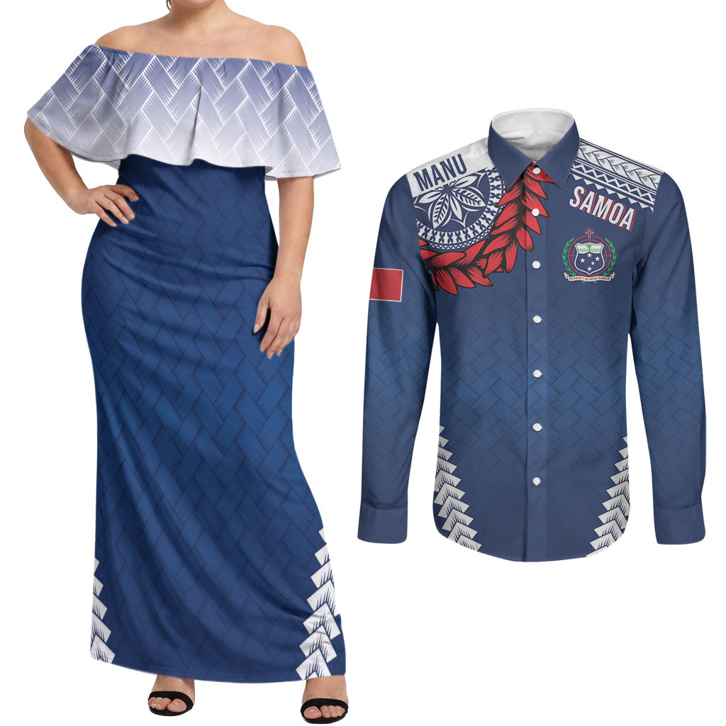 Manu Samoa Rugby Custom Navy Blue Couples Matching Off Shoulder Maxi Dress and Long Sleeve Button Shirt ʻIe Toga Pattern With Red Ula fala LT7 Navy Blue - Polynesian Pride