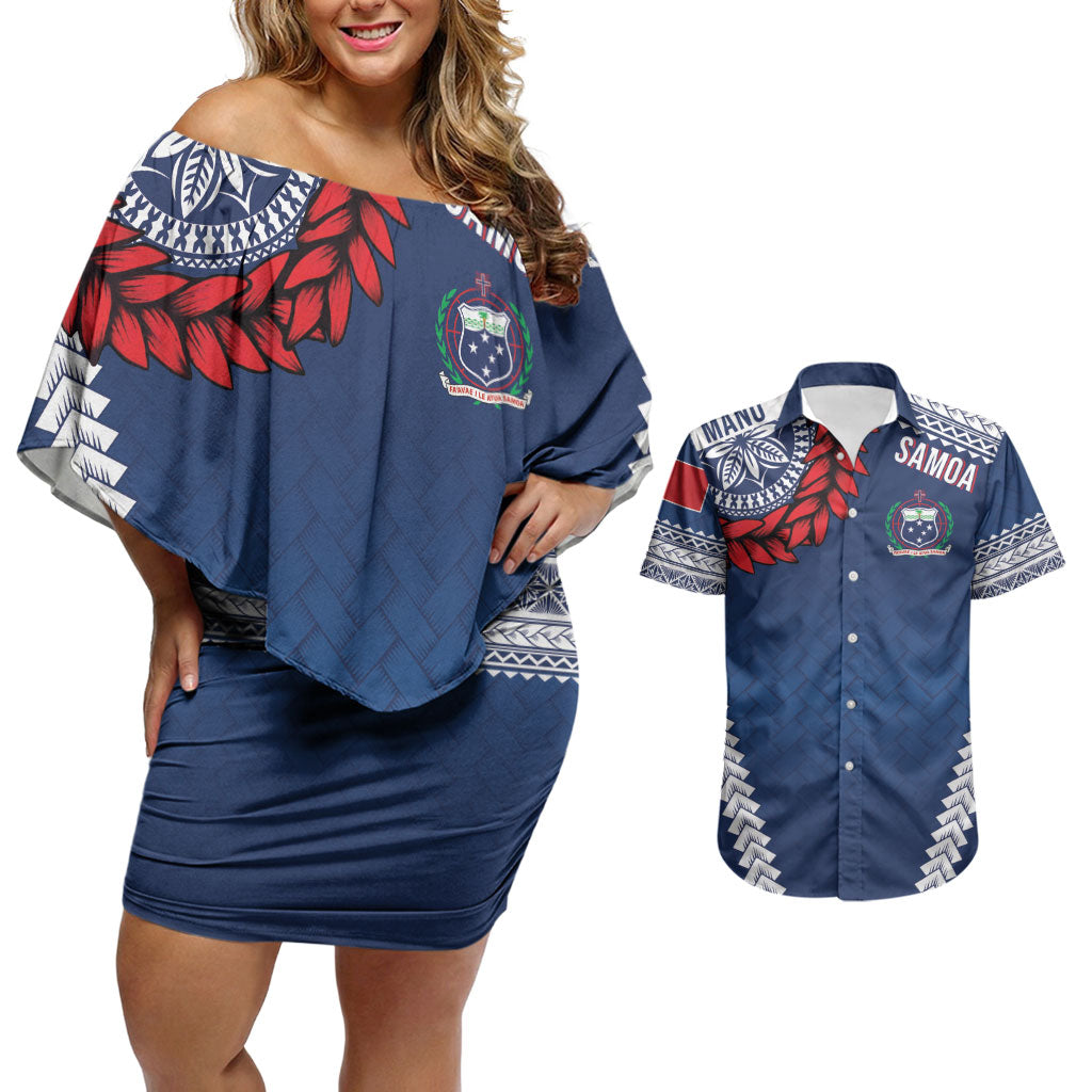 Manu Samoa Rugby Custom Navy Blue Couples Matching Off Shoulder Short Dress and Hawaiian Shirt ʻIe Toga Pattern With Red Ula fala