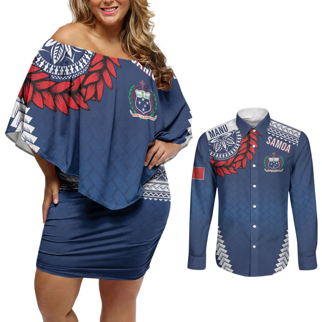 Manu Samoa Rugby Custom Navy Blue Couples Matching Off Shoulder Short Dress and Long Sleeve Button Shirt ʻIe Toga Pattern With Red Ula fala