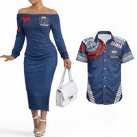 Manu Samoa Rugby Custom Navy Blue Couples Matching Off The Shoulder Long Sleeve Dress and Hawaiian Shirt ʻIe Toga Pattern With Red Ula fala LT7 Navy Blue - Polynesian Pride