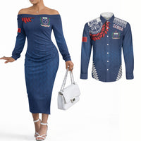 Manu Samoa Rugby Custom Navy Blue Couples Matching Off The Shoulder Long Sleeve Dress and Long Sleeve Button Shirt ʻIe Toga Pattern With Red Ula fala LT7 Navy Blue - Polynesian Pride