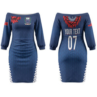 Manu Samoa Rugby Custom Navy Blue Couples Matching Off The Shoulder Long Sleeve Dress and Long Sleeve Button Shirt ʻIe Toga Pattern With Red Ula fala LT7 - Polynesian Pride