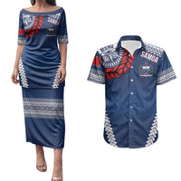 Manu Samoa Rugby Custom Navy Blue Couples Matching Puletasi and Hawaiian Shirt ʻIe Toga Pattern With Red Ula fala LT7 Navy Blue - Polynesian Pride