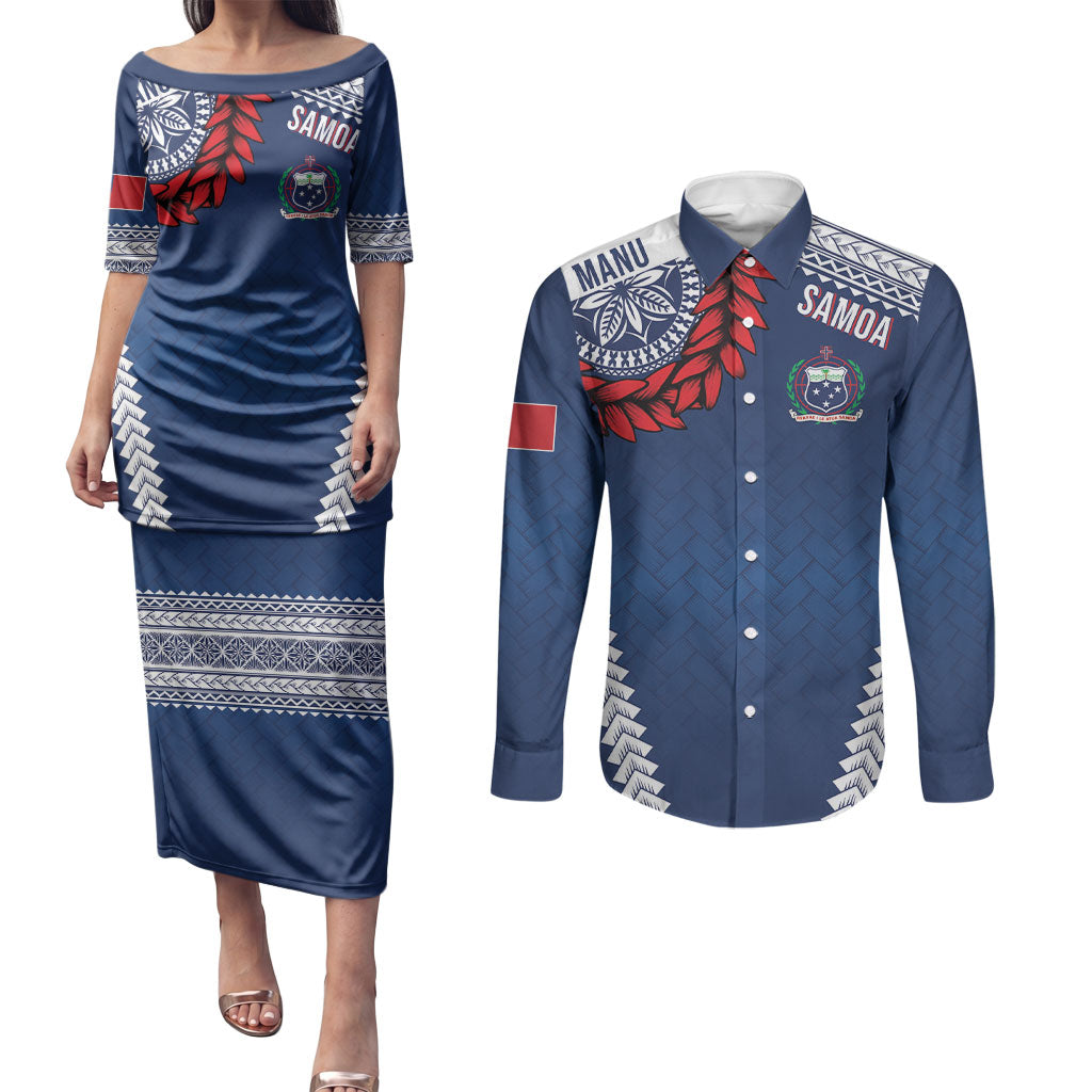 Manu Samoa Rugby Custom Navy Blue Couples Matching Puletasi and Long Sleeve Button Shirt ʻIe Toga Pattern With Red Ula fala LT7 Navy Blue - Polynesian Pride