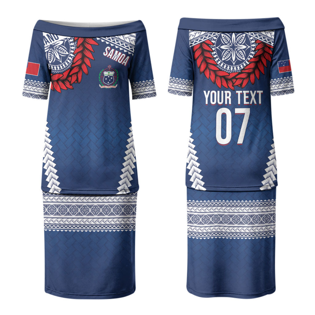 Manu Samoa Rugby Custom Navy Blue Couples Matching Puletasi and Long Sleeve Button Shirt ʻIe Toga Pattern With Red Ula fala LT7 - Polynesian Pride