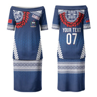 Manu Samoa Rugby Custom Navy Blue Couples Matching Puletasi and Long Sleeve Button Shirt ʻIe Toga Pattern With Red Ula fala LT7 - Polynesian Pride