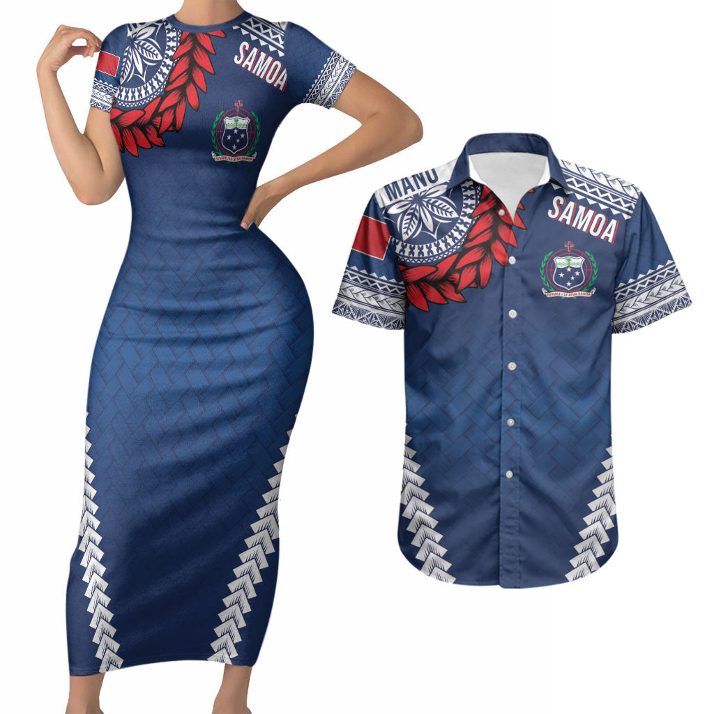 Manu Samoa Rugby Custom Navy Blue Couples Matching Short Sleeve Bodycon Dress and Hawaiian Shirt ʻIe Toga Pattern With Red Ula fala LT7 Navy Blue - Polynesian Pride