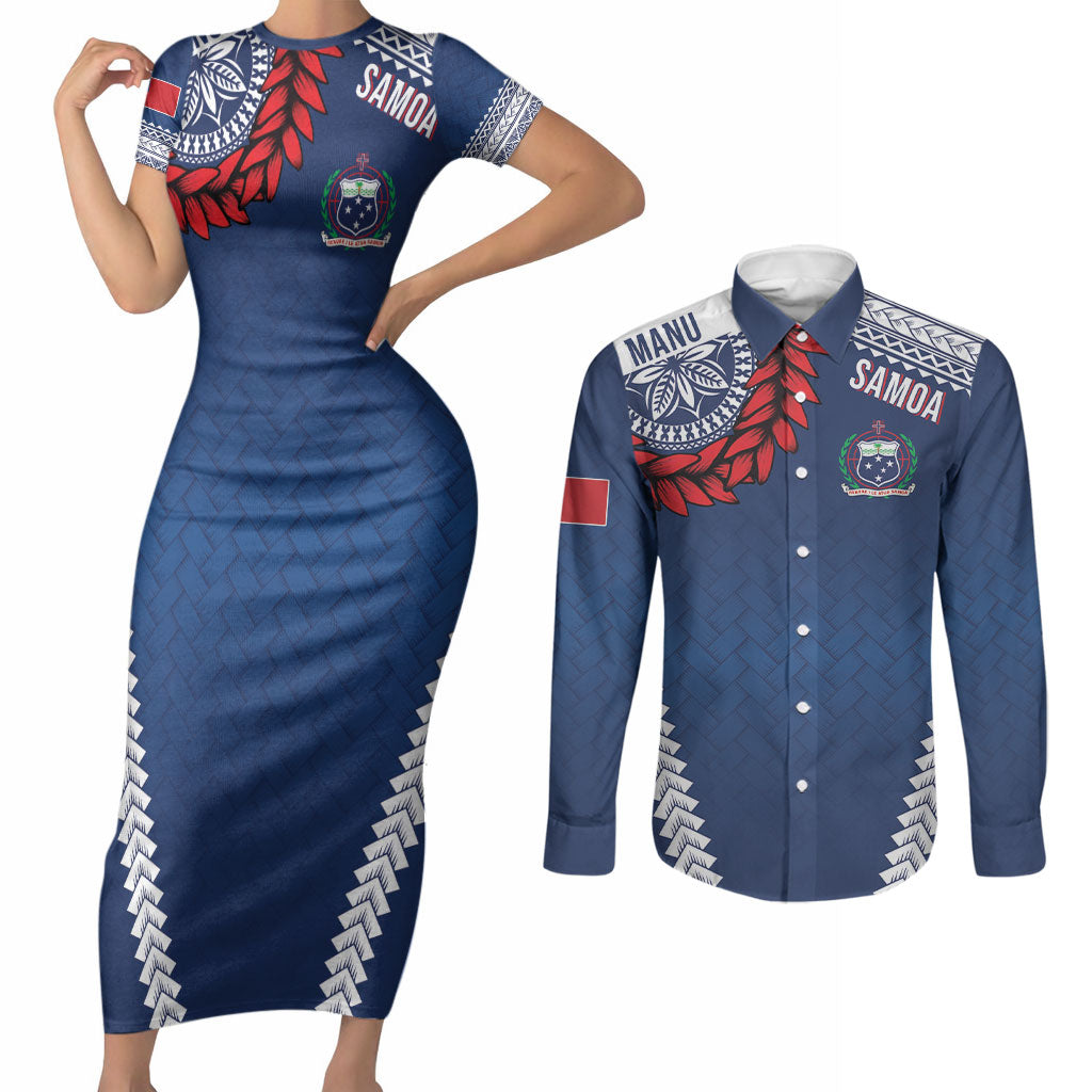 Manu Samoa Rugby Custom Navy Blue Couples Matching Short Sleeve Bodycon Dress and Long Sleeve Button Shirt ʻIe Toga Pattern With Red Ula fala