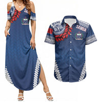 Manu Samoa Rugby Custom Navy Blue Couples Matching Summer Maxi Dress and Hawaiian Shirt ʻIe Toga Pattern With Red Ula fala LT7 Navy Blue - Polynesian Pride