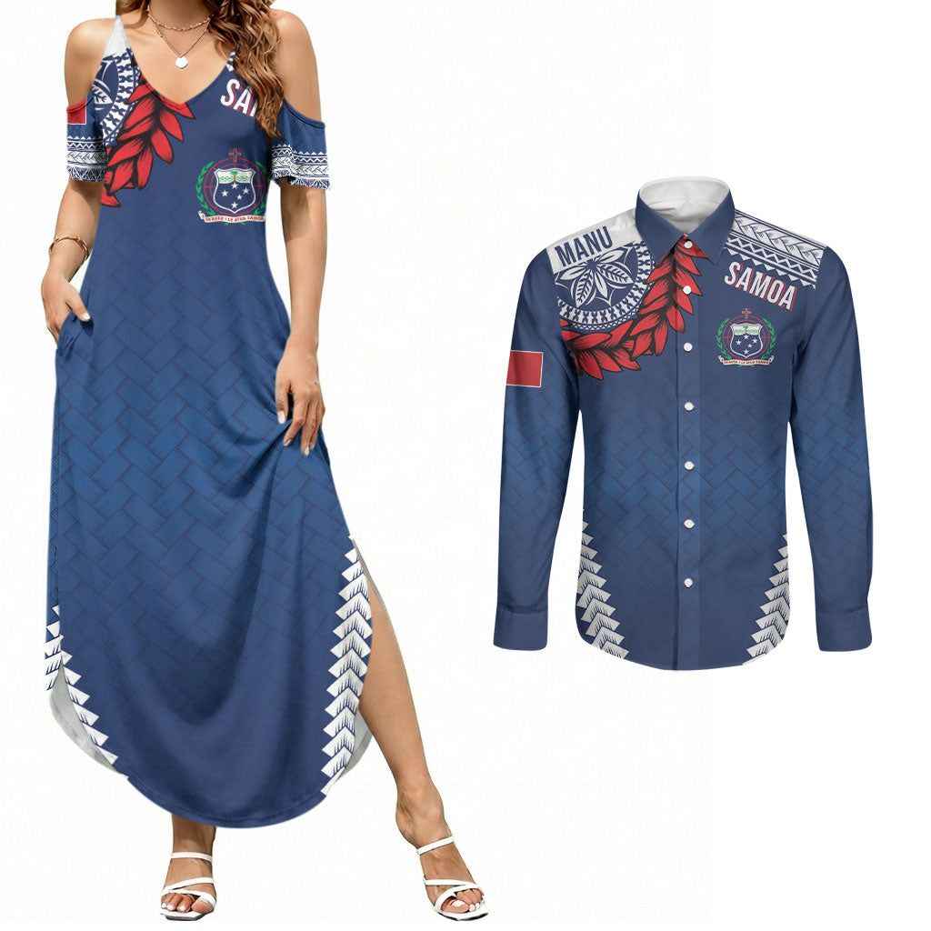 Manu Samoa Rugby Custom Navy Blue Couples Matching Summer Maxi Dress and Long Sleeve Button Shirt ʻIe Toga Pattern With Red Ula fala