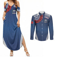Manu Samoa Rugby Custom Navy Blue Couples Matching Summer Maxi Dress and Long Sleeve Button Shirt ʻIe Toga Pattern With Red Ula fala LT7 Navy Blue - Polynesian Pride