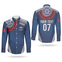 Manu Samoa Rugby Custom Navy Blue Couples Matching Summer Maxi Dress and Long Sleeve Button Shirt ʻIe Toga Pattern With Red Ula fala LT7 - Polynesian Pride